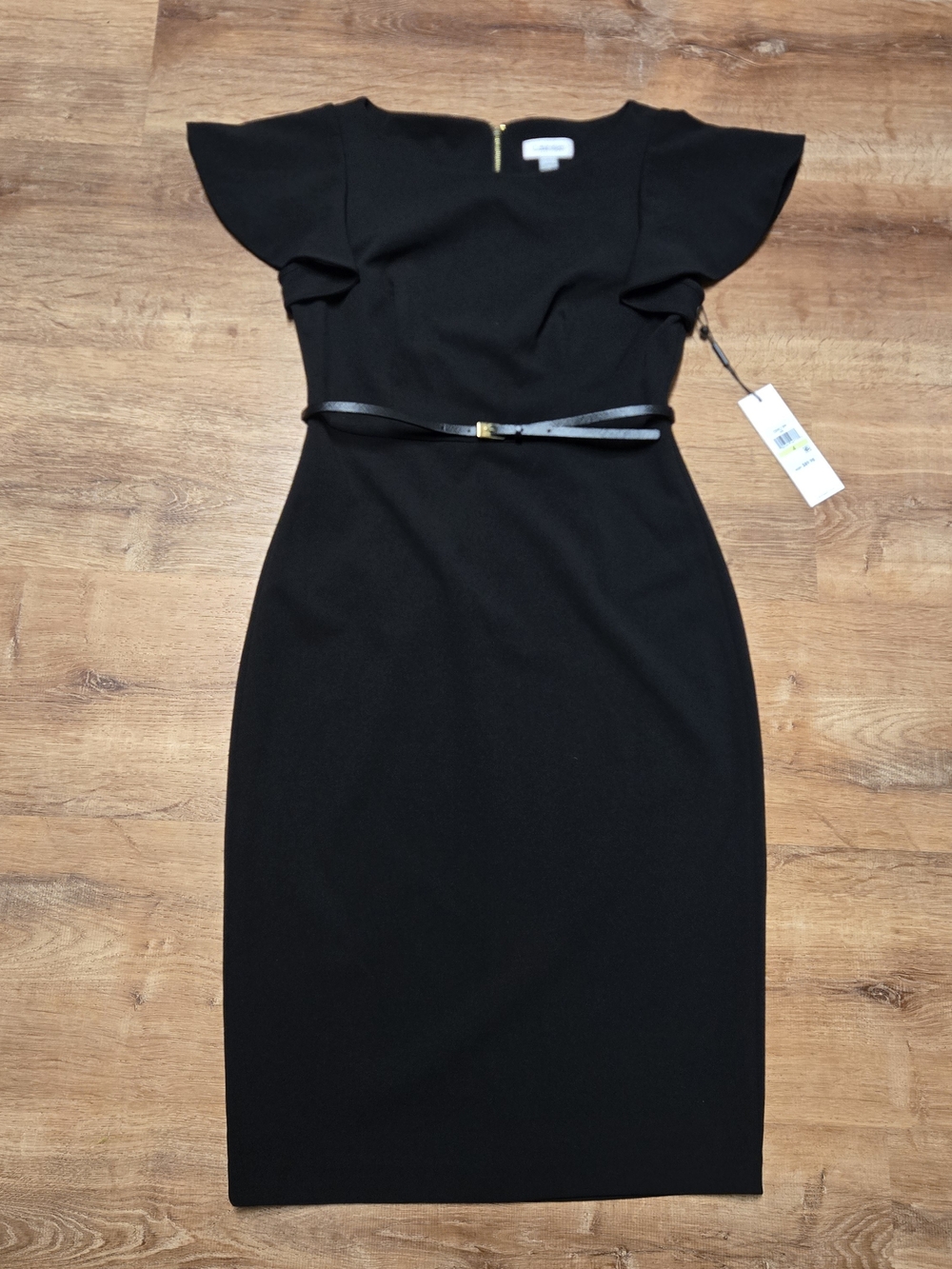 NWT!! Calvin Klein Black Midi Sheath Dress with Slim Belt Size 4